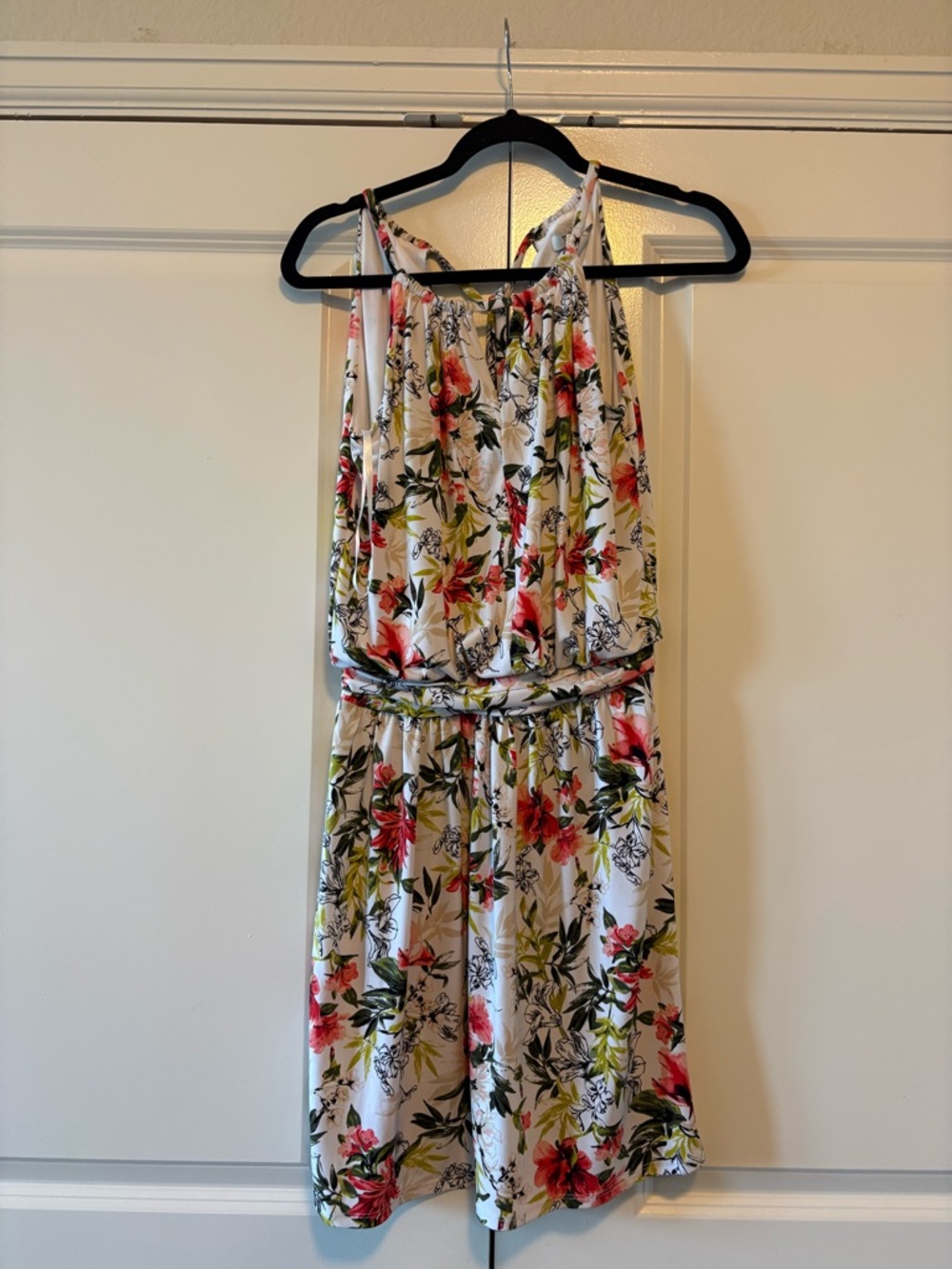 White House Black Market White Floral Halter Dress with Pink & Green Details